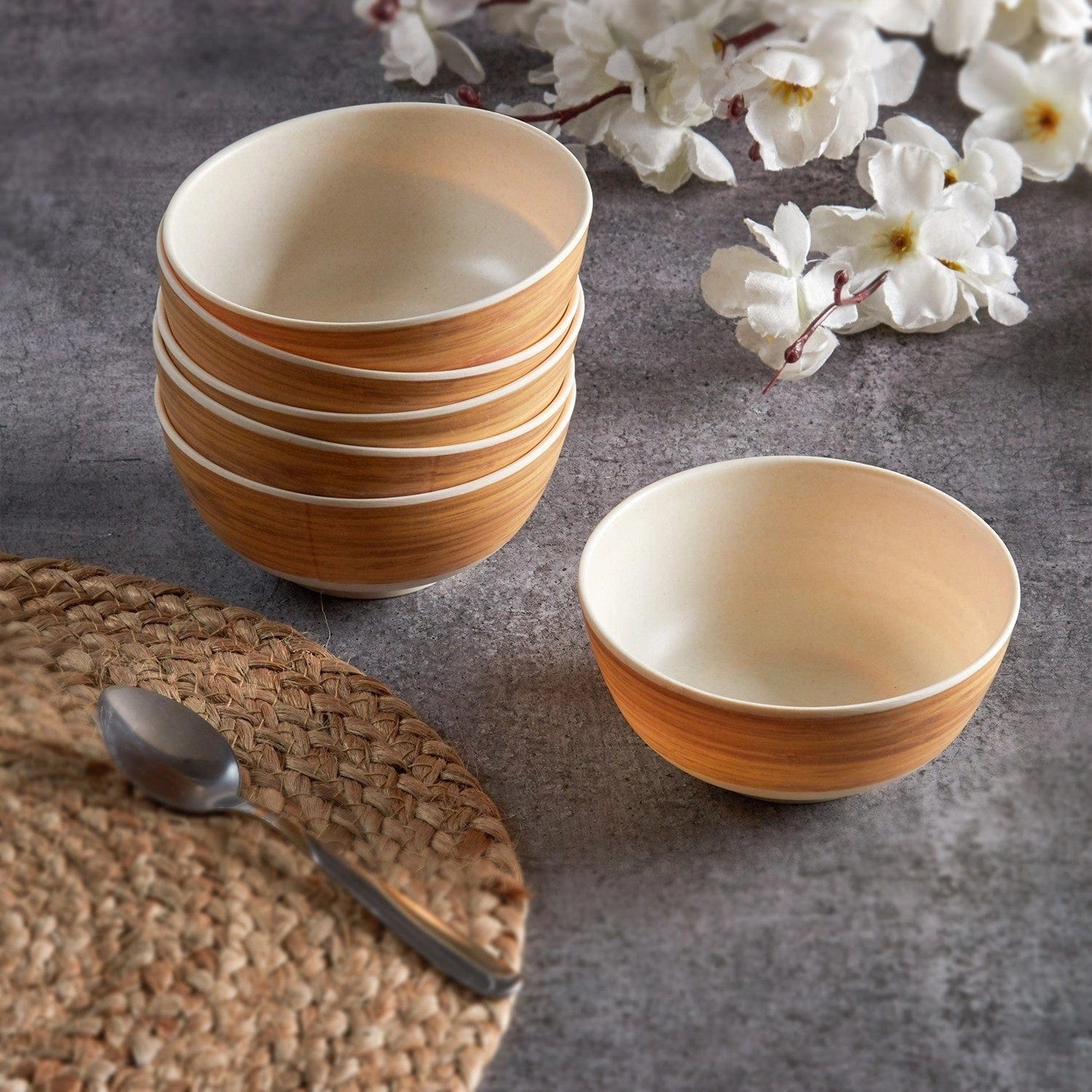 Red Butler Bowls Bamboo Fibre Bowl 4 inches | 6pcs Set | Wooden Design BB04A4 Daily-Use Eco-Friendly Bamboo Fiber Bowl: Stylish & Sustainable Redbutler