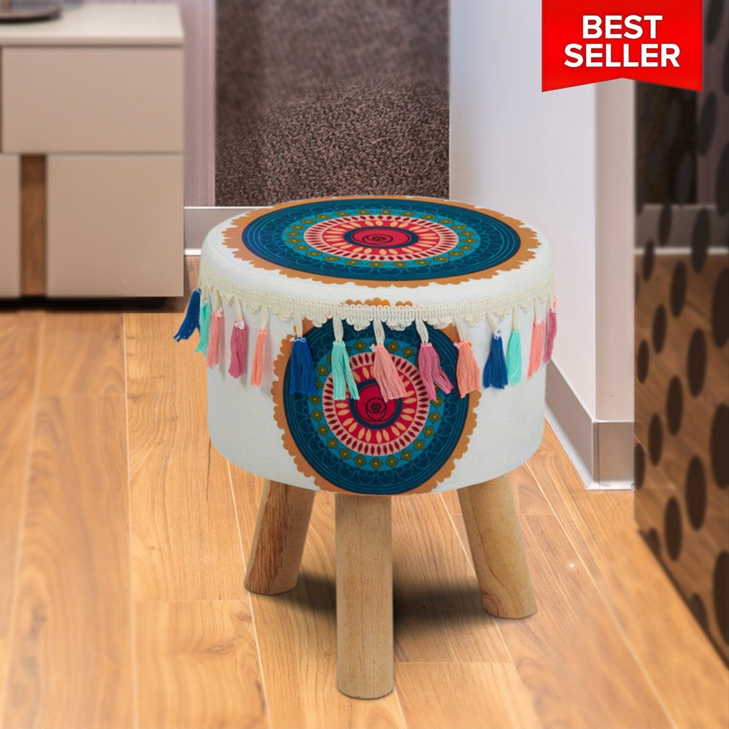 Red Butler Pouffe Printed Pouffe- White PSPP00L14Y19A1 SPP14A1 Compact Velvet Pouffe Stool – Elegant Accent for Small Spaces Redbutler